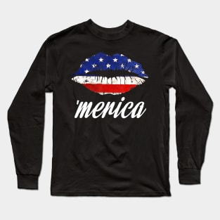 Kiss Lips Merica Funny Love 4th of July American Flag Long Sleeve T-Shirt